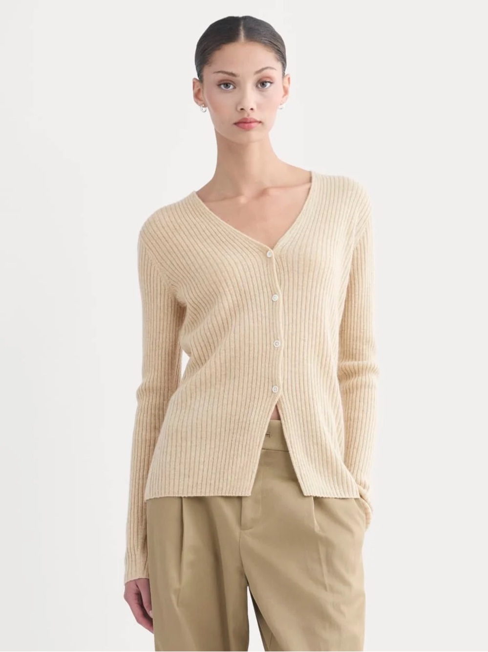 Everlane Cashmere Ribbed V-Neck Cardigan Heather Light Camel Size XS NWT